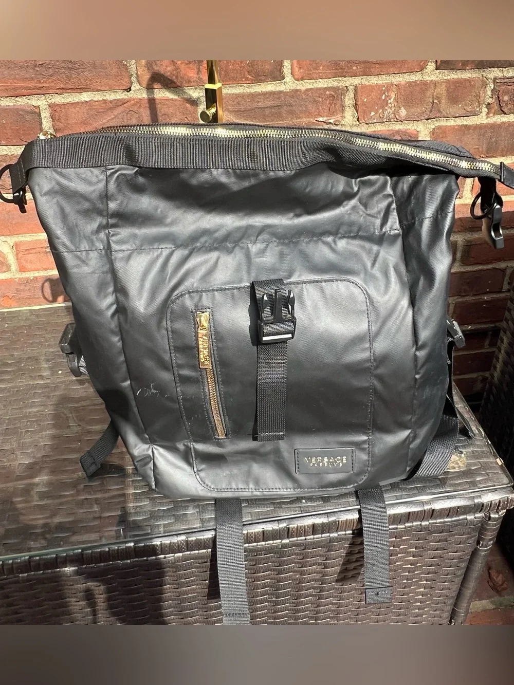 Versace Parfums Convertible Black Nylon Backpack Gold Accents Luxury Unisex